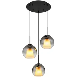 Hängelampe Pendelleuchte 3-Flammig schwarz mit Glaskugeln - Lampen für Esszimmer, stilvolle 3-Flammige Pendelleuchte mit eleganten rauchfarbenen Glaskugeln und mattem Metall, ideal für moderne Wohnräume.