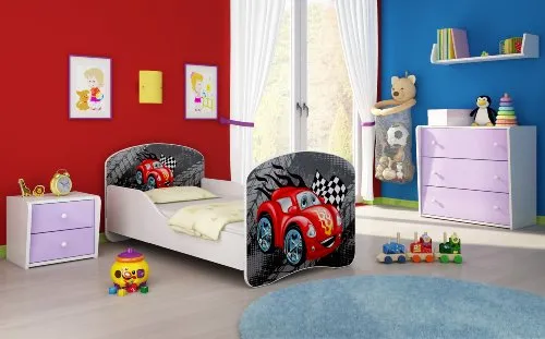 Kinderbett Jugendbett Komplett mit einer Schublade und Matratze Lattenrost Weiß ACMA I (160x80 cm, 04 Rote Auto)