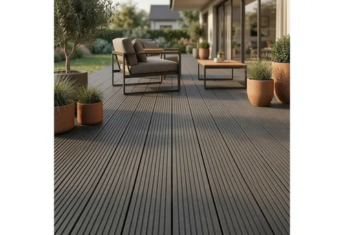 WPC Terrassendiele WoodoFes Komplettset – inkl. Unterkonstruktion & Clips – wetterfest & pflegeleicht – anthrazit (5 m²) - Komplettset mit Dielen, Unterkonstruktion und Clips – ideal für eine schnelle und einfache Montage auf Terrasse oder Balkon. Beidseitig begehbar und pflegeleicht – einfach mit Wasser reinigen.