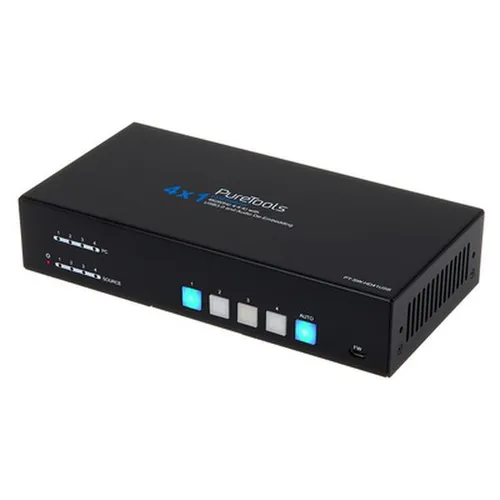 PureTools PT-SW-HD41USB - 4x1 4K HDMI Switcher mit KVM - Adapter für 4 HDMI-Geräte, unterstützt 4K bei 18Gbps und ermöglicht nahtloses Wechseln zwischen Geräten.