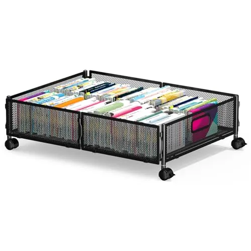 Memypers Moderne Unterbett-Aufbewahrungsbox, schwarz, 1 Stück, 60,5 x 39,9 x 16 cm, saisonale Aufbewahrung von Kleidung und Schuhen, 360°-Räder, einfache Montage, Metall, Schnallenverschluss