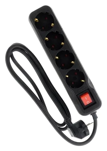 Zenitech, Schuko-Steckdosenleiste mit beleuchtetem Schalter, 4 x 16A-Steckdosen, 1,4m H05VV-F 3G1,5mm² Kabel, Schwarz, Kindersicherung, Erhältlich mit 3, 4, 5 oder 6 Steckdosen