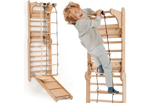 6-in-1 Holz Schwedenwand & Rutschensatz – Vielseitiges Indoor Kletterdreieck Set für Kinder