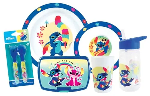 FUN HOUSE | Komplettes Set Lunchbox Angel & Stitch für Kinder | 1 Glas, 2 Teller + Besteck + Trinkflasche und Brotdose | offizielles Lizenzprodukt | wiederverwendbar und mikrowellengeeignet |