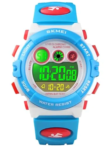 Alienwork Seven-Color LED Digital Kinderuhr Jungen Mädchen Weiss Kautschuk-Armband Blau Kalender Chronograph Sportlich Multi-Funktion