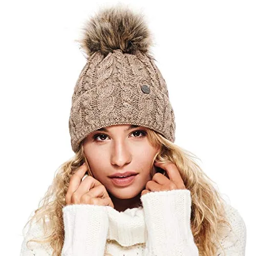 ELIMELI® Damen Winter Mütze warme Strickmütze Wintermütze mit Bommel Slouch Strick Beanie Damen für Winter Bommelmütze Hergestellt in EU Farbenauswahl 15568 (Cappuccino)
