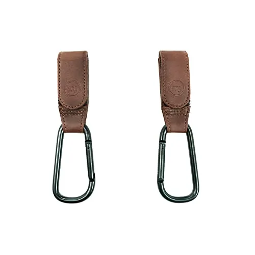 my junior® My Hooks Kinderwagen Haken | veganes Leder | belastbar bis 10kg | 2er Pack | universelle Passform mit Klettverschluss - Brown