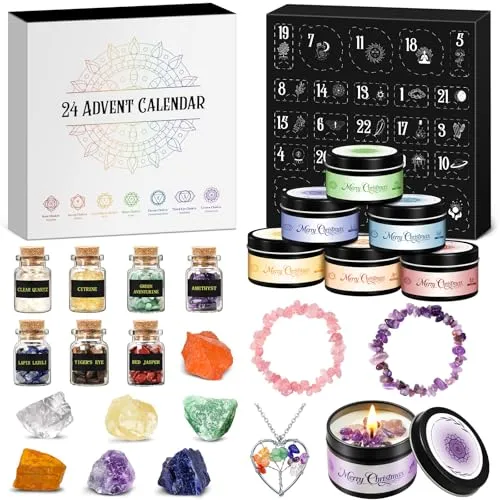 Vexyra Adventskalender 2026 Frauen Chakra Duftkerzen mit Edelsteine, Geschenke für Yoga Entspannung Meditation Spirituelle Wellness, Kerze Heilsteine Kristalle Weihnachtsgeschenke Damen Freundin Mama