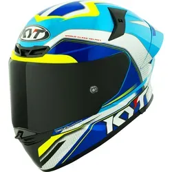 KYT TT-Revo Grand Prix Integralhelm - Weiß/Blau/Hellblau/Gelb - XXL - Motorradhelm mit fortschrittlicher ADT-Thermoplastschale, optimierte Aerodynamik und hervorragende Belüftung. Ideal für Komfort und Sicherheit bei jeder Fahrt.