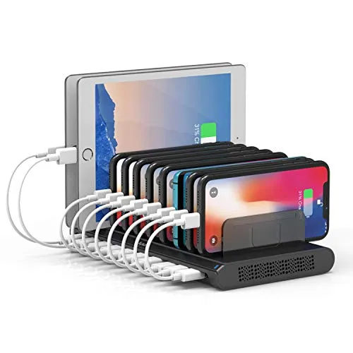 Alxum Handy USB Ladestation Mehrfach, 60W 10 Ports USB Ladestation Mehrere Geräte mit Multiport Schnellladestation für für Mobiltelefon, Tablet, Schwarz