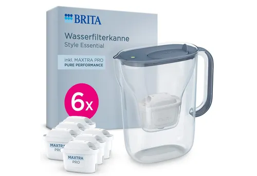 BRITA Wasserfilter Kanne Style Essential steinblau - Filterkanne für Trinkwasser mit 6x BRITA MAXTRA PRO Kartuschen, Smart Light LED für Filterwechsel-Erinnerung und klappbarem Deckel – ideal für frisches, geschmackvolles Wasser.
