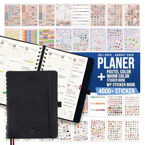 colortouch Terminplaner 2025 2026, Kalender A5, Wochenplaner mit Softcover Ringbuch, 30 Minuten-Intervalle Planer mit 2 Blatt Aukfleber auf Deutsch 14 Monate Planer (Juli 25-Aug 26)
