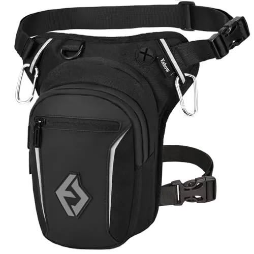 Eshow Beintasche Motorrad für Herren Damen, Oberschenkeltasche Gürteltasche Erweiterbare Stauraum, Bauchtasche Reflexstreifen Verstellbarer Beinriemen mit 2 Karabiner für Wandern Radfahren Schwarz