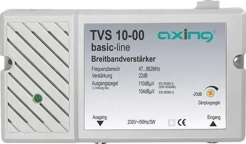 Axing TVS 10 Mehrbereichsverstärker BK, DVB-T 22 dB - TV Signalverstärker, ideal zur Verbesserung schwacher Antennensignale und Kompensation von Leistungsverlusten durch große Kabellängen.