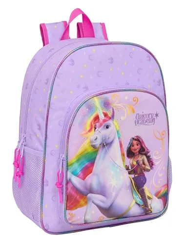 Unicorn Academy Schulrucksack für Kinder, Kinderrucksack, anpassbar an Kinderwagen, ideal für Kinder im Schulalter, bequem und vielseitig, Qualität und Widerstandsfähigkeit, 33 x 14 x 42 cm, Lila, M
