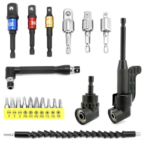 QWORK® 20 Stück Winkelschrauber Set, 2 x 105 ° Winkelschrauber Vorsatz Adapter, 1 x Bohrer Verlängerung, 6 x Stecknuss Adapter, 10 x silbernes bit,1 x L -Schraubenschlüssel