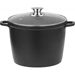 6 L Aluminiumguss Kochtopf mit Glasdeckel - Kochtopf, 24 cm, induktionsgeeignet mit 3-schichtiger Marmorbeschichtung für beste Bratergebnisse und wärmeisolierten, abnehmbaren Silikon-Griffen.