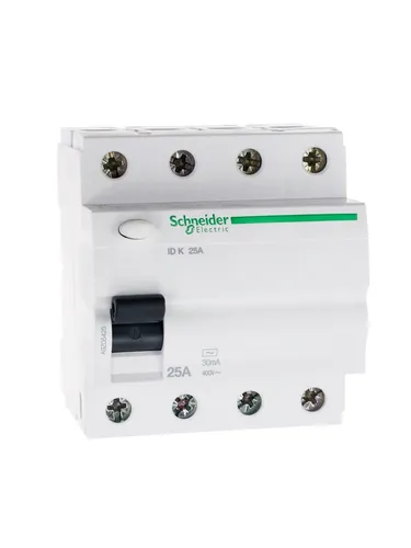Schneider Reststromschutzschalter 4P 25A 0,03A Typ AC A9Z05425 - Leistungsschalter für sichere Stromversorgung, ideal für industrielle Anwendungen mit 2000 Zyklen Lebensdauer und IP20 Schutz.