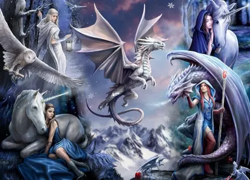 Puzzle 1500 Teile - Anne Stokes - Silver Dragon Collage