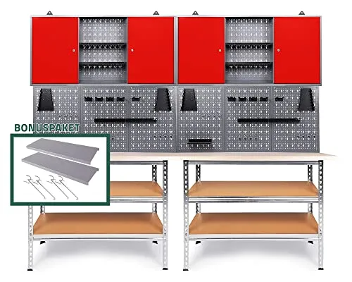 Ondis24 Werkstatteinrichtung 240 cm Werkbank Uwe, Metall, Lochwand mit Hakensortiment, 2 Werkstattschränke Arbeitshöhe 92 cm, inkl. Einlegeboden-Set