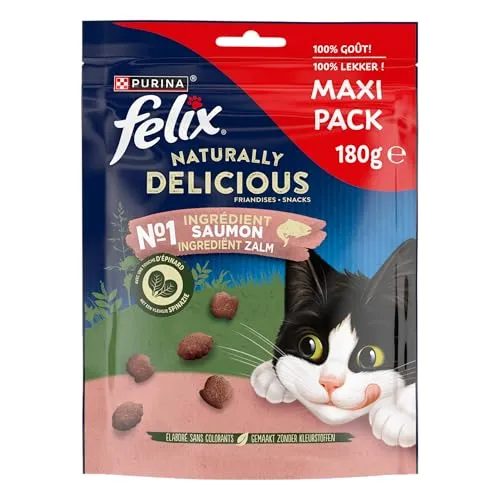 FELIX Tasty Nuggets | Erwachsene | Katzensnacks | Lachs mit einem Hauch Spinat | 180 g