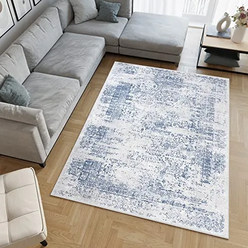 TAPISO Sky Teppich Kurzflor Modern Creme Blau Ornament Meliert Design Vintage Wohnzimmer Schlafzimmer 3D Effekt ÖKOTEX 90 x 150 cm