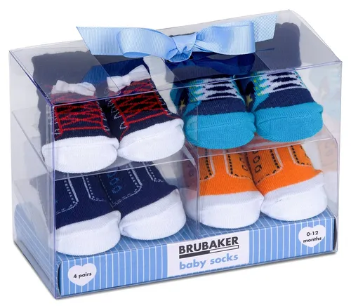 BRUBAKER Socken Babysocken für Jungen und Mädchen 0-12 Monate (4-Paar, Baumwollsocken im Sneaker Style) Turnschuh Design, Baby Geschenkset in Geschenkverpackung mit Schleife