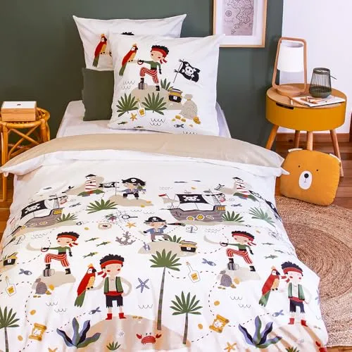 Produktbild CÔTE DECO Bettwäsche, bedruckt, Bi-Historie, 140 x 200 cm, für Kinder, Bettbezug 140 x 200 cm + 1 Kissenbezug 63 x 63 cm, Motiv Indianer und Pirat, Beige und Weiß – Bettbezug aus Baumwolle