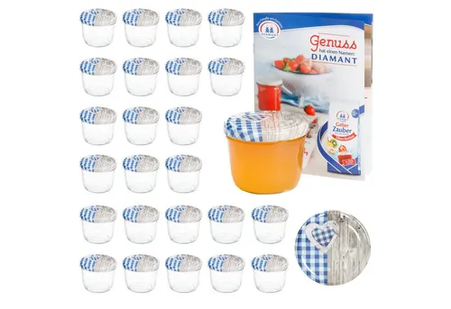 MamboCat Einmachglas 25 Sturzgläser 230 ml Deckel Herz Holz blaukariert Einmachglas, Glas