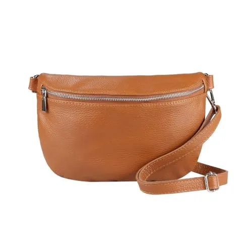 ITALYSHOP24-COM OBC Made in Italy Damen Leder Tasche Gürteltasche Crossbody Hüfttasche Bauchtasche Umhängetasche Cross-Over Bodybag Schultertasche Handytasche Cognac