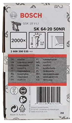 Bosch Streifennägel SK64-20 NR, 2000 Stück - Edelstahl Nägel mit 20 Grad Neigungswinkel für präzise Platzierung und hohe Korrosionsbeständigkeit, ideal für feuchte Umgebungen. Perfekt für Druckluftnagler.