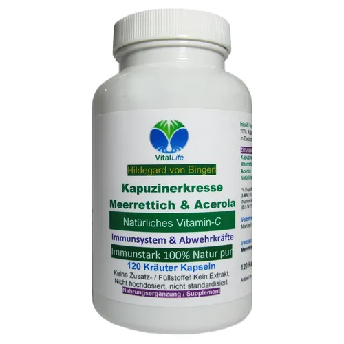 Kapuzinerkresse + Meerrettich + Acerola 120 Pulver Kapseln - Pflanzliche Heilmittel, natürliche Nahrungsergänzung mit kraftvollen Inhaltsstoffen wie Acerola und Meerrettich für Ihr Wohlbefinden.