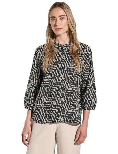 STREET ONE Damen A345634 Print-Bluse mit Rüschen, Black, 38 - Damenbluse mit Rundhals und 3/4-Ärmeln, aus reiner Baumwolle, ideal für stylische Looks und hohen Tragekomfort.
