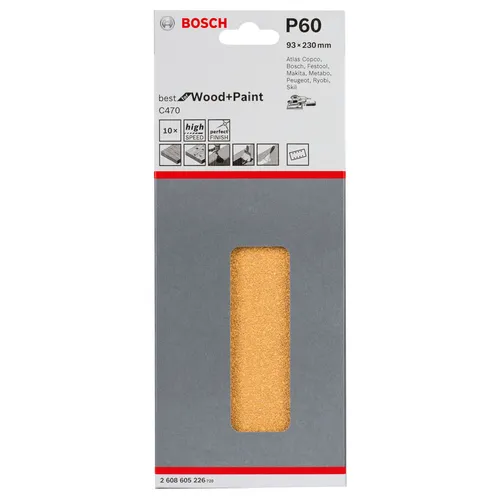 Bosch Schleifblatt C470, 93 x 230 mm, 60 Körnung, 8 Löcher, gespannt, 10er-Pack
