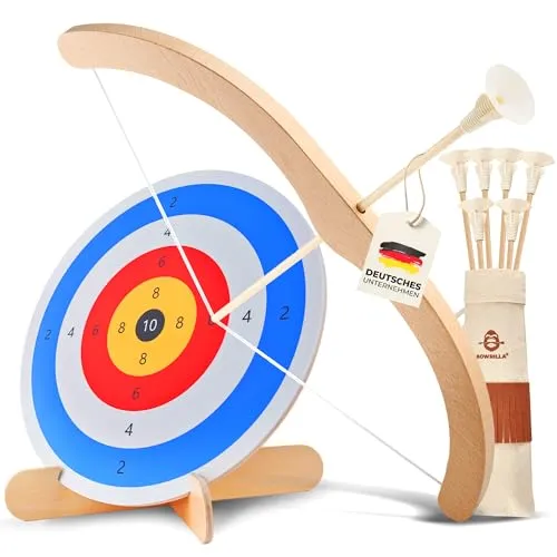 BOWRILLA® Kinder Holzspielzeug Set – Pfeil und Bogen mit 6 Saugnapf-Pfeilen und Zielscheibe