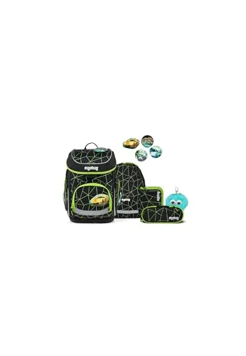 ergobag cubo Bundle Set Schulranzen 6-teilig CyBär Race Schwarz - Ergonomischer Schulranzen mit höhenverstellbarem Tragesystem für optimalen Tragekomfort. Das 6-teilige Set bietet eine durchdachte Organisation und individuelle Gestaltungsmöglichkeiten.