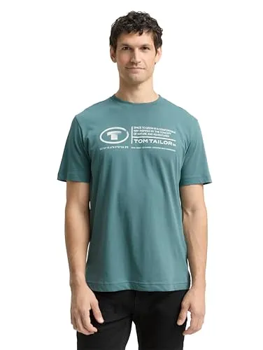 TOM TAILOR Herren Basic T-Shirt mit Print aus Baumwolle, deep bluish green, XXL