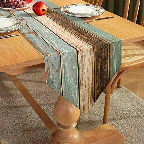 Produktbild Hanrunsi Tischläufer Moderne Wohnzimmer Tischsets Grün Leinen Tischläufer Raumsets Antik Altrustikales Holz Blau-Beige-Braun Tischsets für Esstisch Party Hochzeitswäsche 40x140cm
