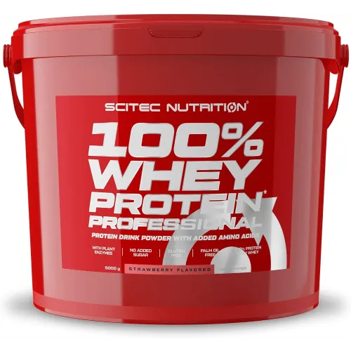 Scitec Nutrition 100% Whey Protein Professional 5000g - Whey Protein Pulver in Erdbeere, reich an Aminosäuren und Verdauungsenzymen, ideal für Muskelaufbau und Regeneration.