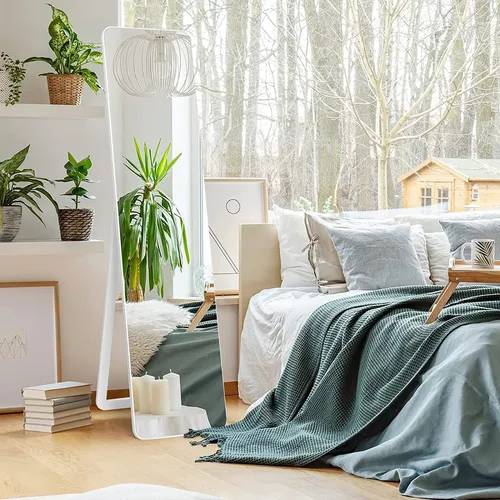 GOPLUS 155 cm × 37 cm Ganzkörperspiegel mit Splitterschutz, Großer Standspiegel mit Massivholzrahmen, HD Wandspiegel mit Haken