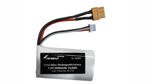 AMEWI Li-Ion Akku 2S 7,4V 2000mAh XT60 - Hochleistungsakku für RC-Cars und Baumaschinen, 2000mAh Kapazität mit Hard Case für erhöhte Langlebigkeit und Sicherheit.