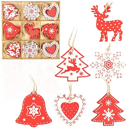 com-four® 27-teiliges Tannenbaumschmuck Holz-Anhänger Set - Weihnachtsbaumschmuck zum Dekorieren für den Weihnachtsbaum - Christbaumschmuck (27 Stück - rot/weiß)