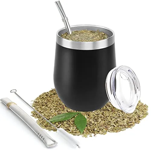 Yerba Mate Gourd Set mit zwei Bombillas 8oz Teetasse aus 18/8 Edelstahl doppelwandig hitzebeständig Mate Teetasse mit BPA-freiem Deckel, zwei Strohhalmen und einer Reinigungsbürste (Schwarz)