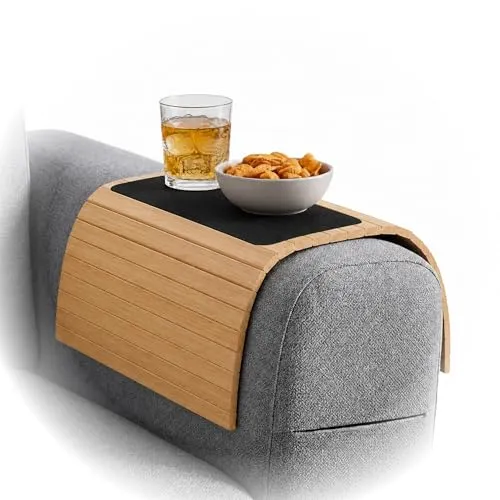 BAM BOO BOX Sofatablett Bambus – Sofa Tablett Armlehne Couch Ablage – Couch Tablett Getränkehalter – Sofatablett Bambus Natur | Für Gläser, Tassen & Teller (Naturfarbe mit Polster)