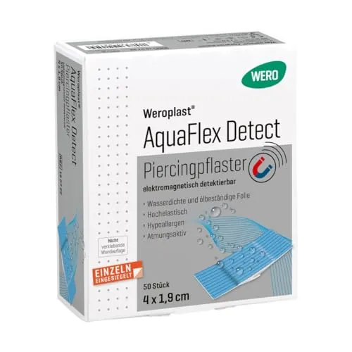 Weroplast® AquaFlex Detect Piercingpflaster – 50 Stk - Blau, elektromagnetisch detektierbar & wasserfest - Aluminiumstreifen unter der Wundauflage