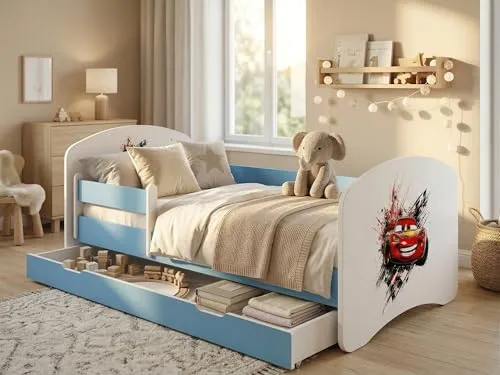 Juniorbett 144x82 cm Happy inkl. Bettkasten | Kinderbett mit Rausfallschutz in Blau