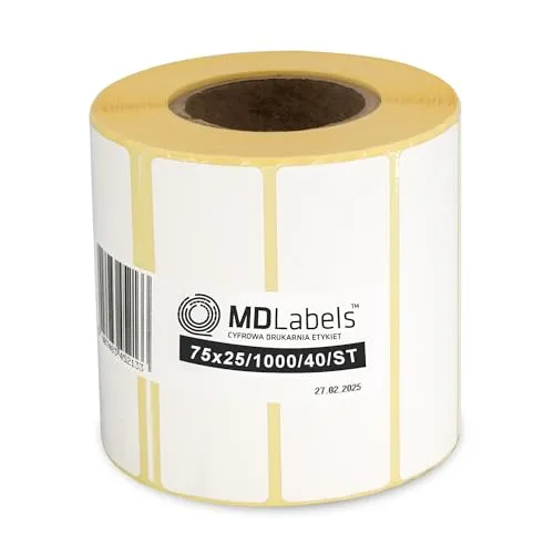 MD Labels Weiße Thermoetiketten auf Rolle 75 x 25 mm – 1000 Stück, permanent haftend, Barcode-Etiketten zur Beschriftung