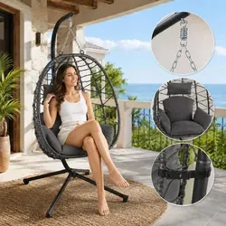 Makika Hängesessel Polyrattan mit Gestell - Hängesessel für Innen- & Außenbereich, mit gepolsterten Kissen und Höhenverstellung, ideal für entspannte Stunden im Garten oder Wohnzimmer. Tragfähigkeit bis 150 kg.