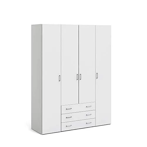 Kleiderschrank Weiß mit 4 Türen und 3 Schubladen - Kleiderschrank in modernem Design, ideal für Schlafzimmer oder Kinderzimmer. Mit 4 Regalen und Kleiderbügel für optimale Aufbewahrung, langlebig und kratzfest.