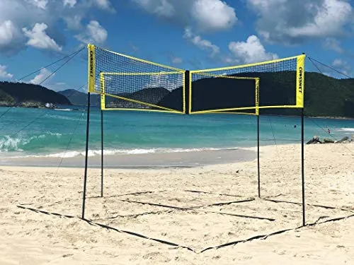 CROSSNET Four Square Volleyballnetz 4 Felder - Volleyballnetz für 4 Felder in Schwarz mit grauen Pfosten und gelbem Einfassband, ideal für spannende Spiele im Freien oder im Garten.